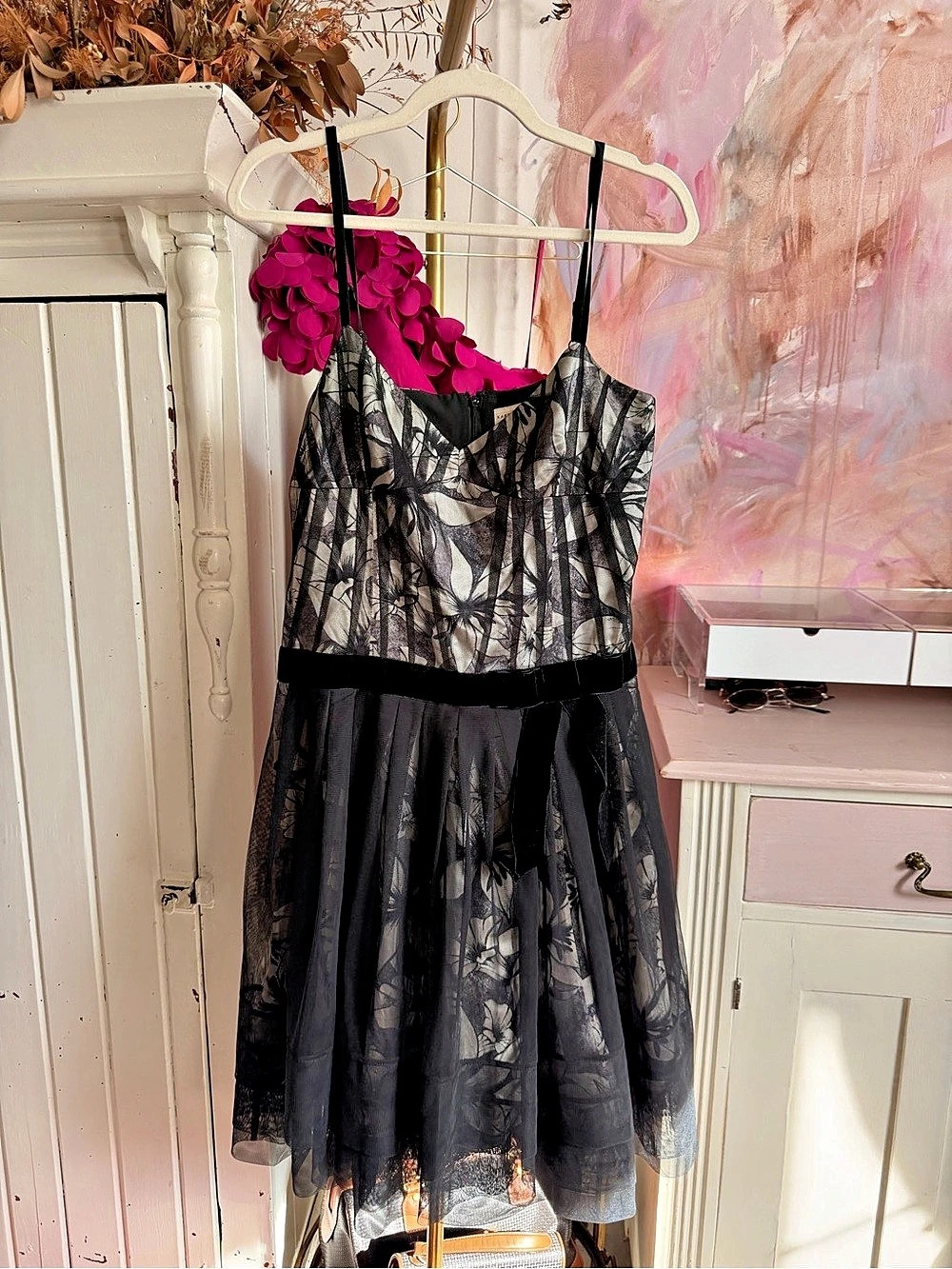Karen Millen Floral Mesh Midi Dress Black & Gray Size 8 Like New